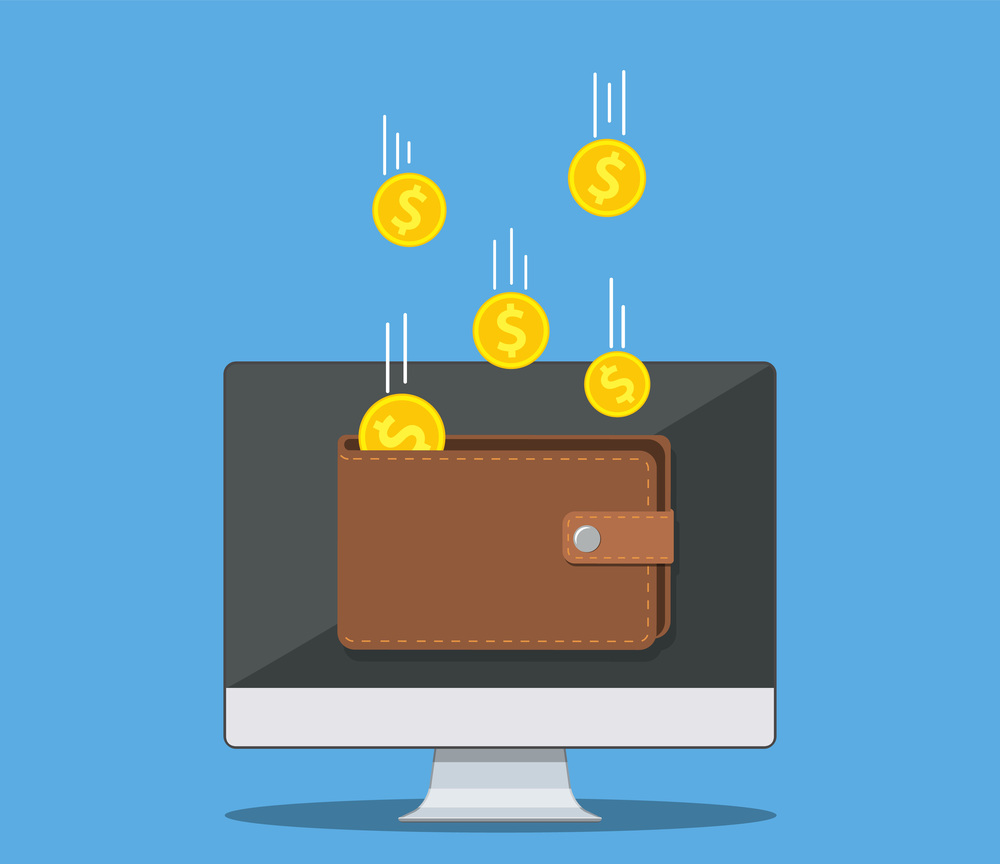 Online income money in electronic wallet. golden coins flying in wallet on computer pc, financial success, digital wealth. Vector illustration in flat style. Online income money