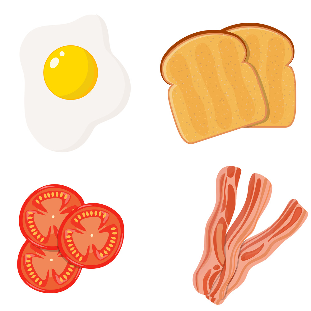 Full english breakfast 4 main ingredients top view set with egg tomato bacon and bread. Vector illustration in flat style. Full english breakfast 4 main ingredients
