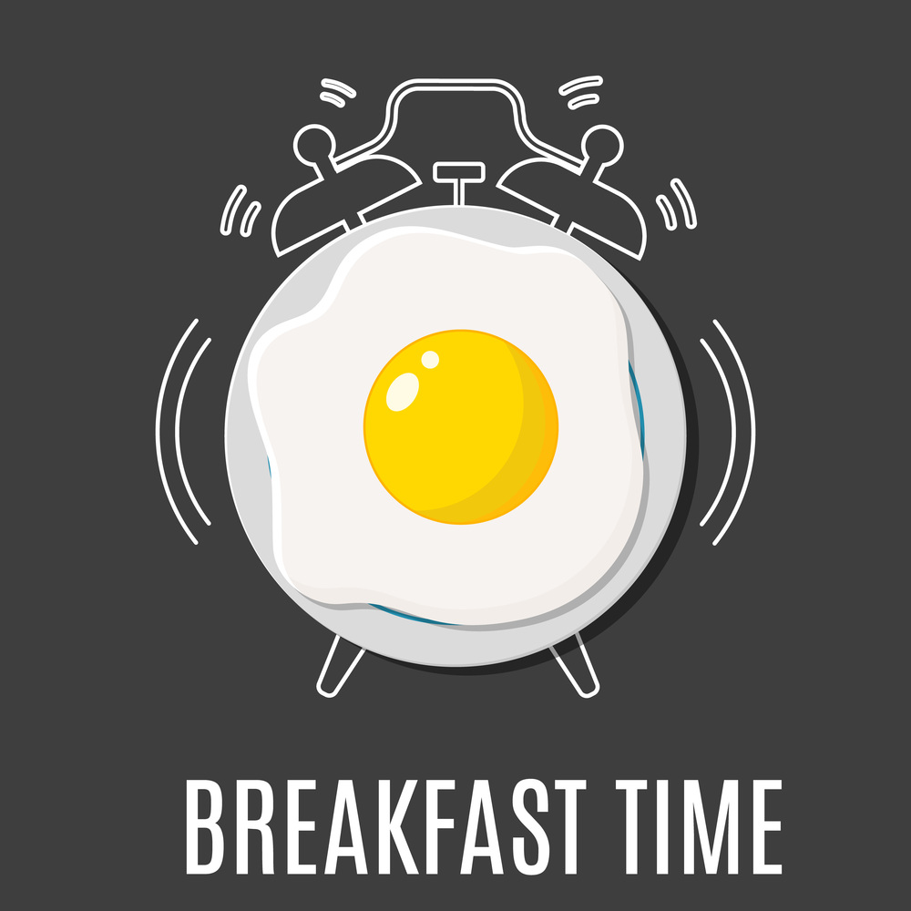 Fried egg and outline alarm clock. Concept for breakfast menu, cafe, restaurant. Food background. Vector illustration in flat style. Fried egg and outline alarm clock,