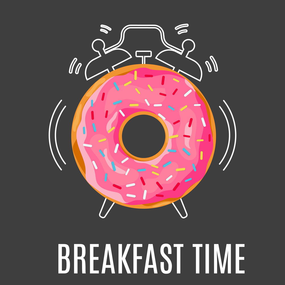 Tasty pink glazed donut, design for breakfast menu, cafe, bakery. Fast food background. Vector illustration in flat style. Tasty pink glazed donut,