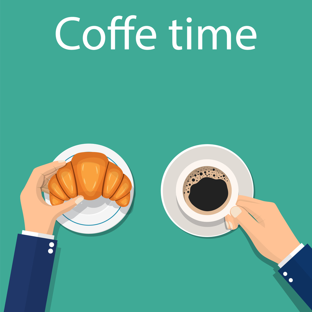 Coffee and croissants, hands man. Hands holding croissants. Breakfast. label concept menu. Hot coffee, fresh croissant. Vector illustration in flat style. Coffee and croissants, hands man.