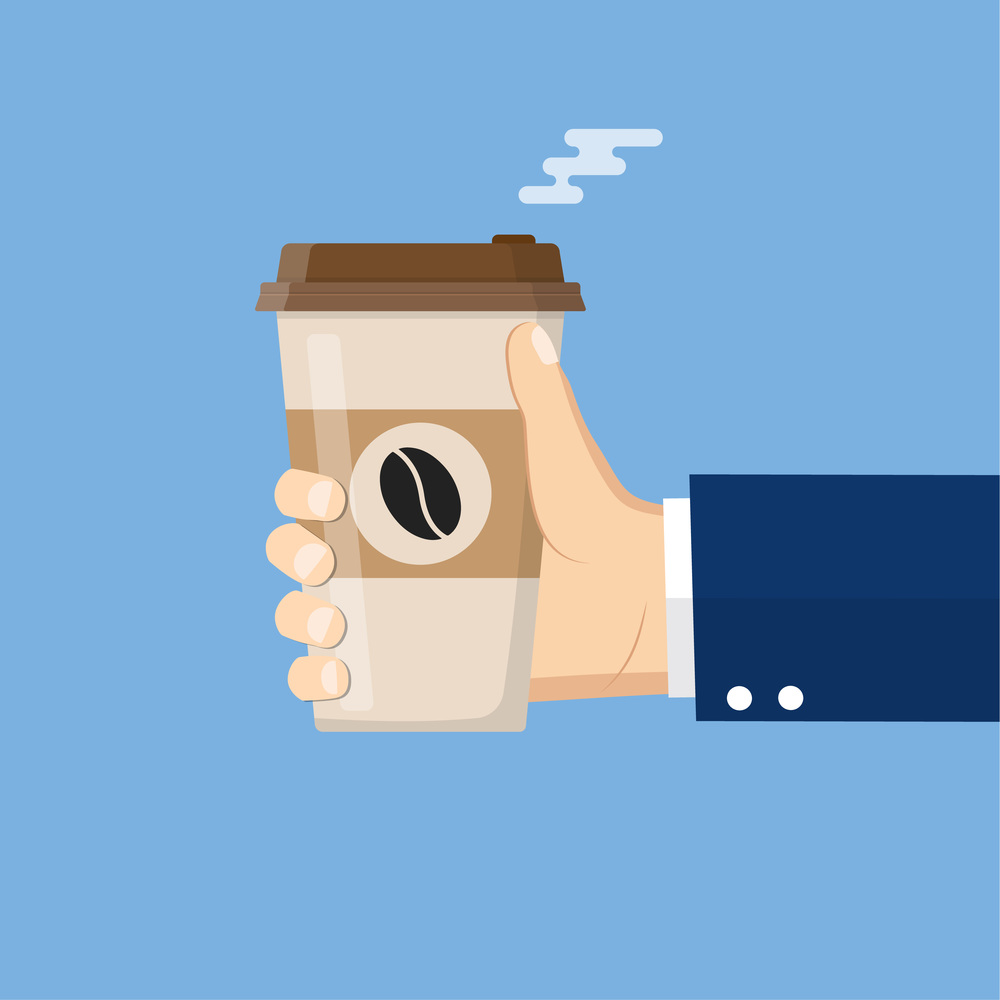 Businessman Hand Holding Hot Coffee Paper Cup. Takeaway Cup. Vector illustration in flat style. Businessman Hand Holding Hot Coffee