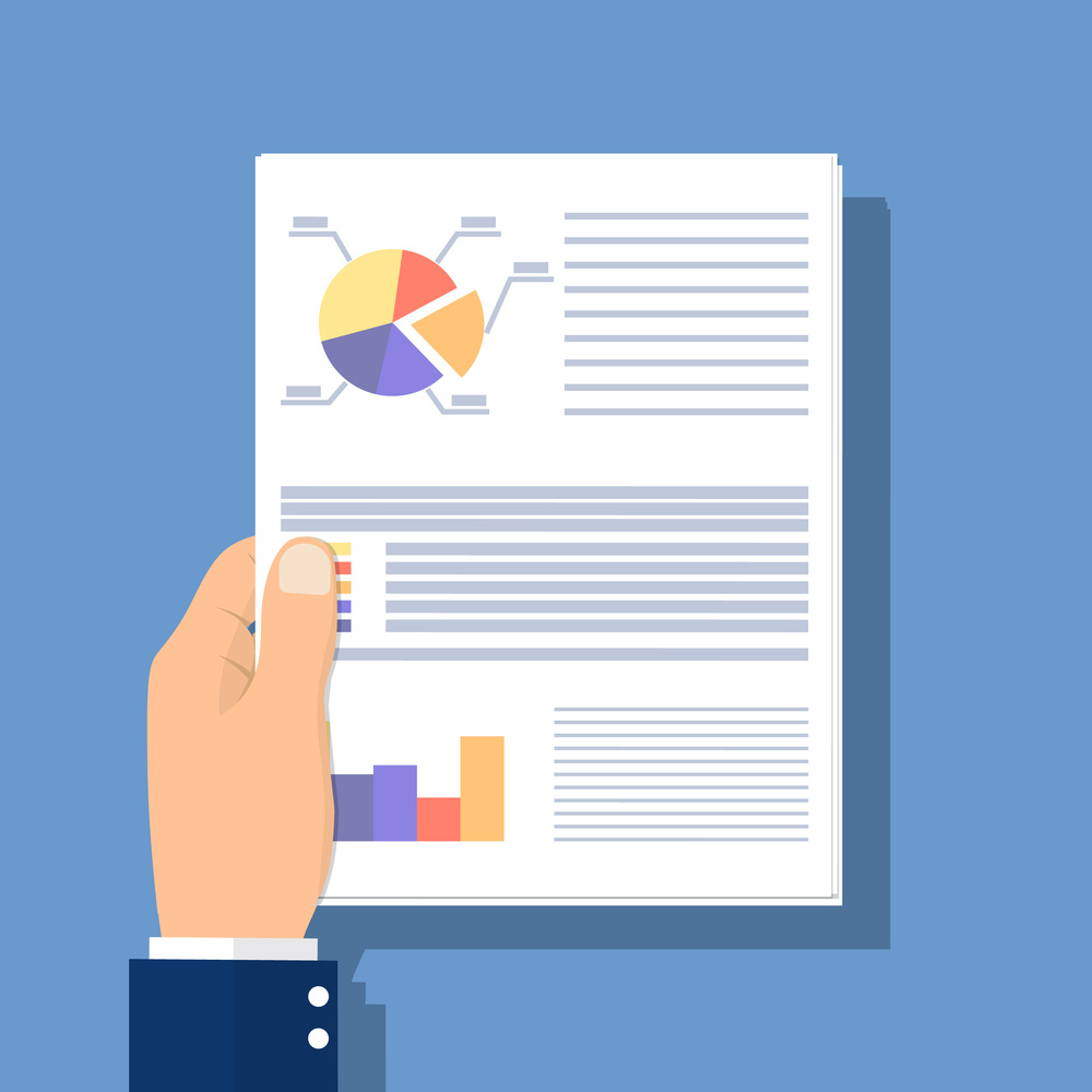 Document with charts and graphs business reports hold in hand businessman. Paperwork concept. Data analysis, project management. Analyze graph. Vector illustration in flat style. Document with charts and graphs