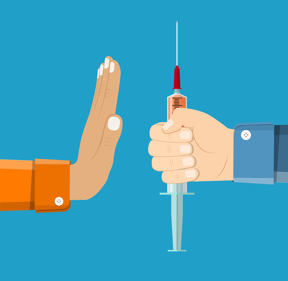 Refusing drugs concept. Man holding a syringe in hand offers gives drugs. Rejection gesture. For a healthy lifestyle. Vector illustration in flat style. Refusing drugs concept.