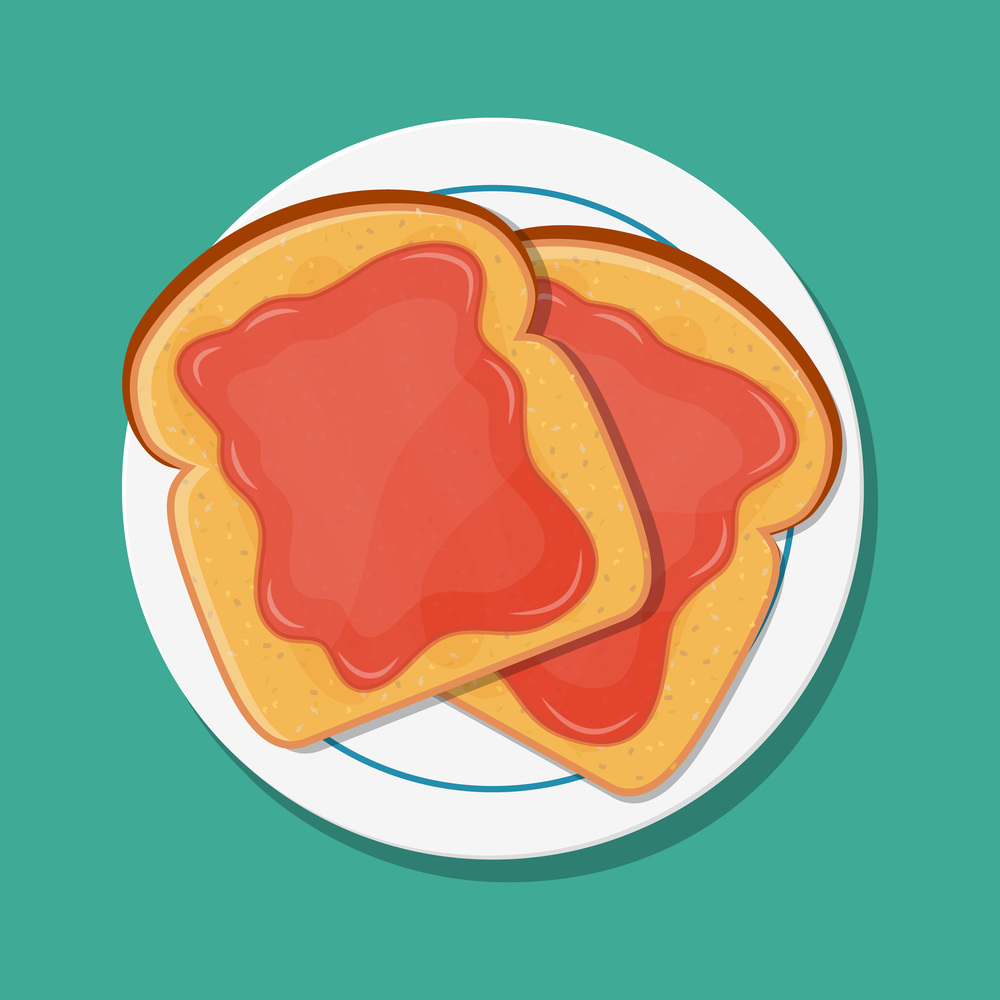 Fried bread, toast with strawberry jam for breakfast. Jelly paste. Vector illustration in flat style. Fried bread, toast with strawberry jam.