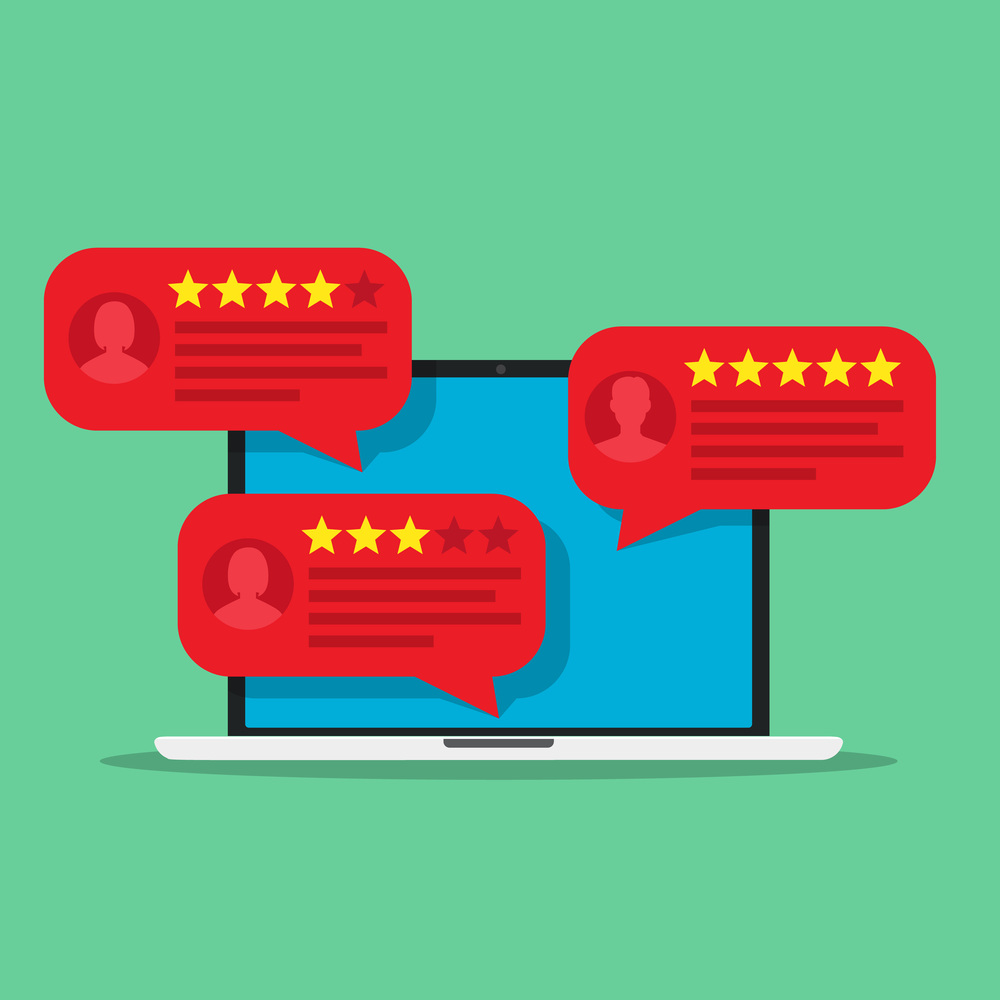 Computer with customer review rating messages. desktop pc display and online reviews or client testimonials, concept of experience or feedback, rating stars. vector illustration in flat design. Computer with customer review rating messages