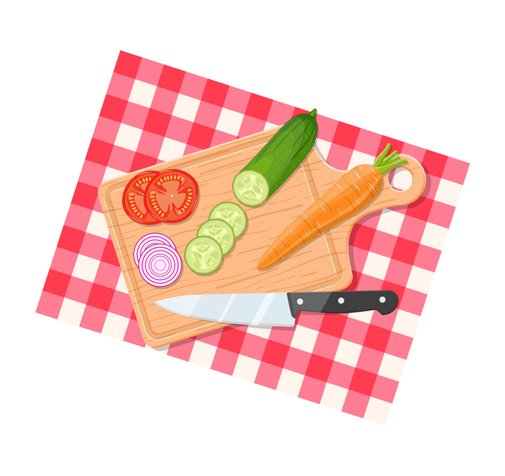 Salad ingredients on cutting board with knife. Vegetables on table for salad. Vegetables for mixing salad. vector illustration in flat design. Salad ingredients on cutting board