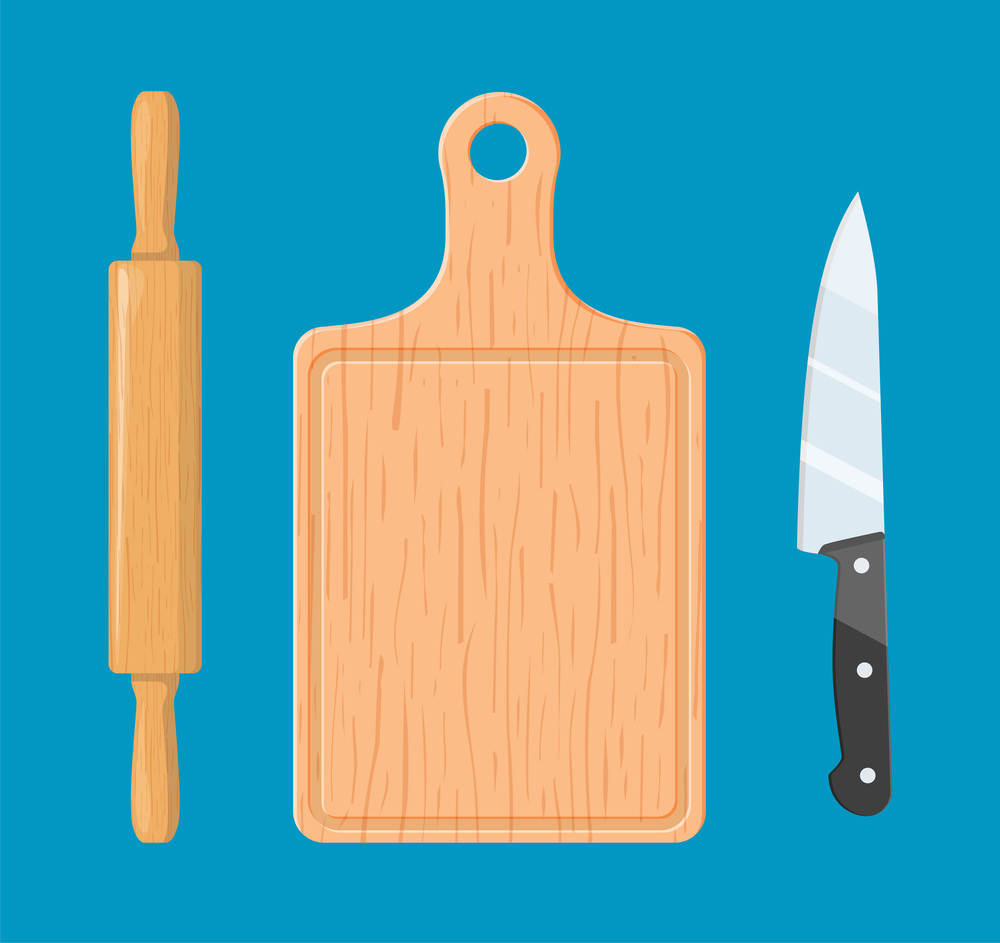 Rolling pin, cutting board and knife. Kitchen utensils and equipment. vector illustration in flat design. Rolling pin, cutting board and knife.
