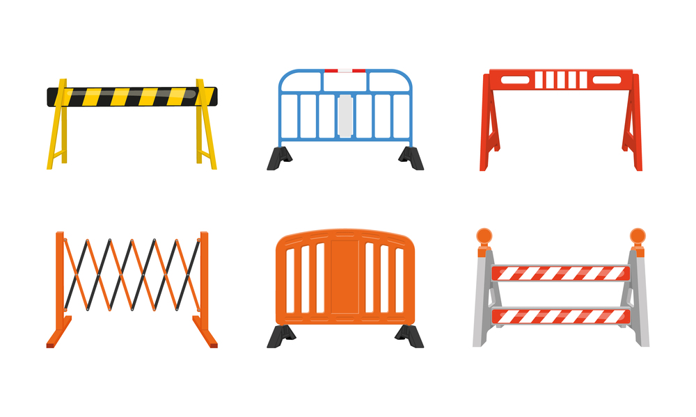 Different road barriers set. Metal and plastic traffic barricades isolated on white background. Work zone safety on highway construction. Vector cartoon illustration.. Different road barriers set. Metal and plastic traffic barricades isolated on white background. Work zone safety on highway construction. Vector cartoon illustration