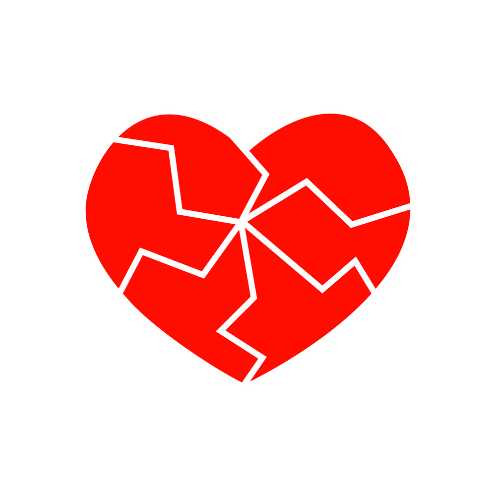 Red cracked heart icon isolated on white background. Pictogram of medicine for the cardiovascular system. Symbol of heartbreak, infarct, divorce, parting. Vector flat illustration.. Red cracked heart icon isolated on white background. Pictogram of medicine for the cardiovascular system. Symbol of heartbreak, infarct, divorce, parting. Vector flat illustration