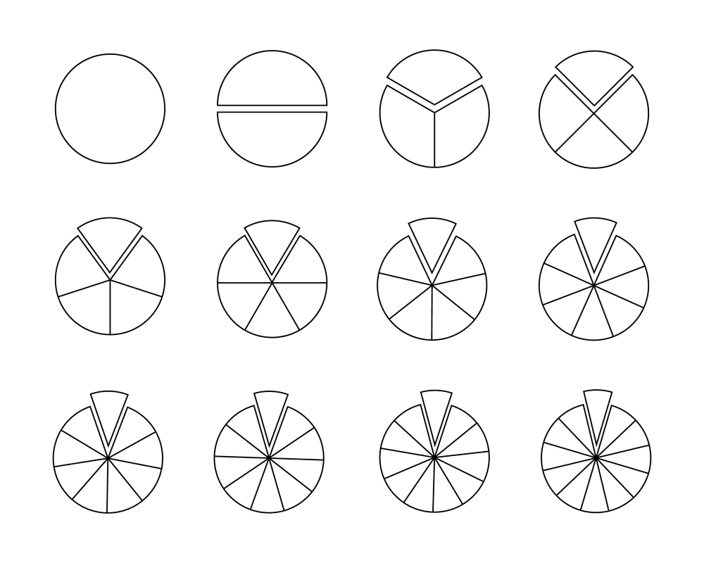 Circles segmented into sections from 1 to 12. Pie or pizza shapes cut in equal slices in outline style. Round statistics chart examples isolated on white background. Vector linear illustration.. Circles segmented into sections from 1 to 12. Pie or pizza shapes cut in equal slices in outline style. Round statistics chart examples isolated on white background. Vector linear illustration