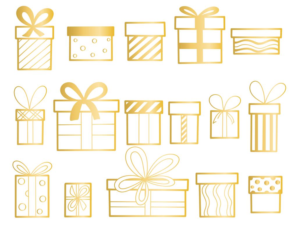 Gold gifts set isolated vector illustration. Collection of gift golden boxes. Beautiful festive surprise for new year christmas or birthday. Gold gifts set isolated vector illustration