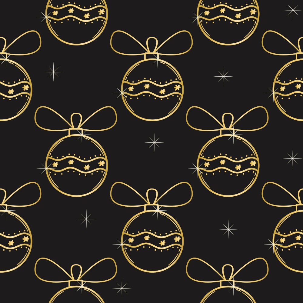 Gold Christmas balls seamless pattern vector illustration. Background with gold round baubles for the Christmas tree. Template for fabric, packaging, paper and festive decor. Gold Christmas balls seamless pattern vector illustration