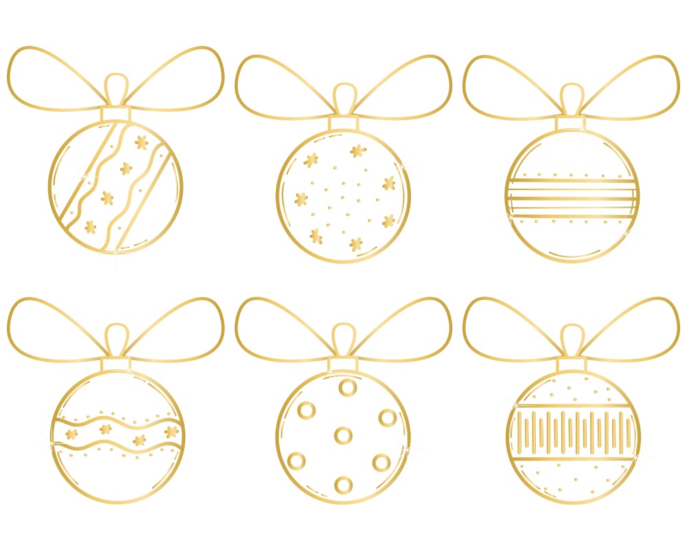 Gold Christmas balls set isolated vector illustration. Collection of golden round baubles for the Christmas tree. Holiday decorations shine. Gold Christmas balls set isolated vector illustration