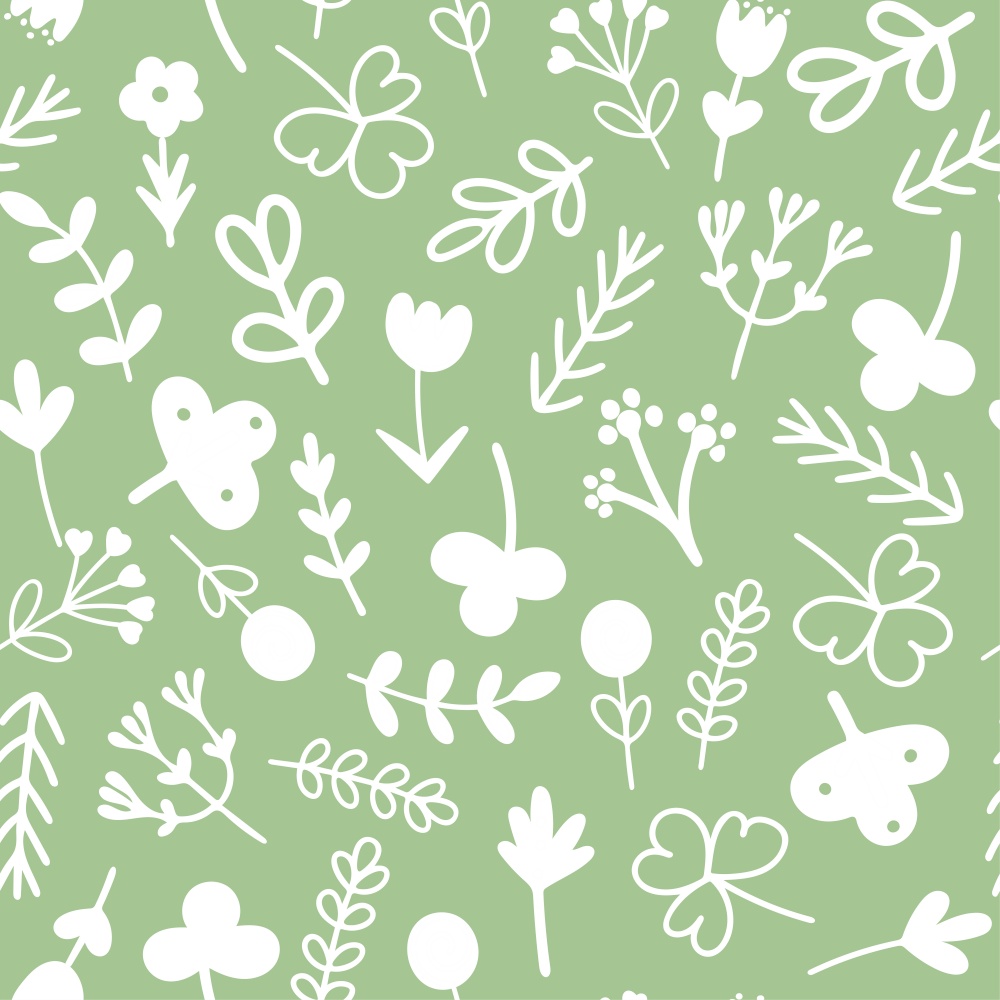 Summer green seamless pattern with flowers and greenery. Background white silhouettes of plants on gentle pastel light green color. Template for fabric, paper, wallpaper and design vector illustration. Summer green seamless pattern with flowers and greenery
