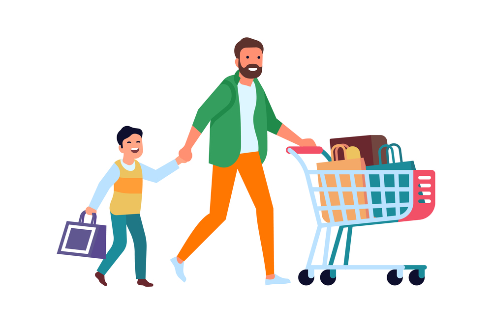 Father and son shopping together. Man pushing cart. Buying in family store concept isolated on white background. Father and son shopping together. Man pushing cart with perchases. Buying in family store concept