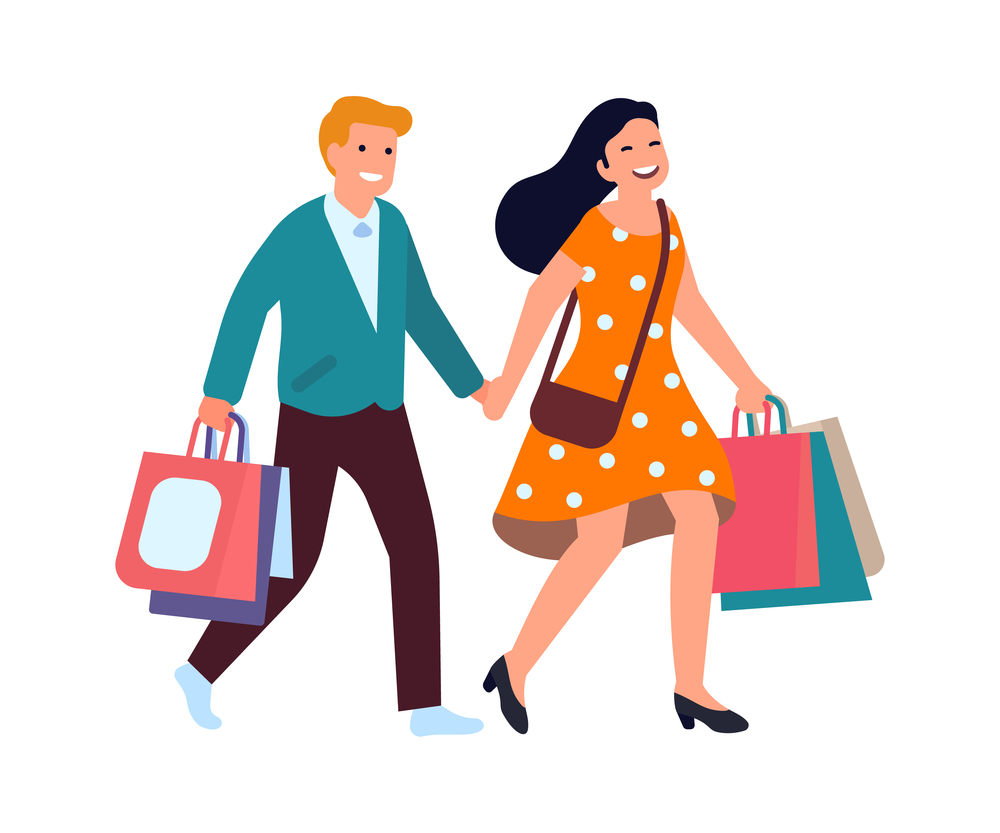 Happy couple after shopping. Man and woman walking with purchases in paper bags. Vector illustration. Happy couple after shopping. Man and woman walking with purchases in paper bags