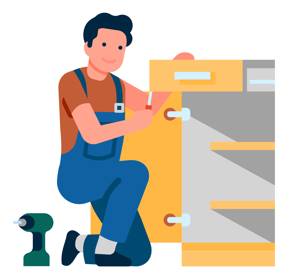 Man assemble wooden furniture. Smiling handyman with power drill. Vector illustration. Man assemble wooden furniture. Smiling handyman with power drill