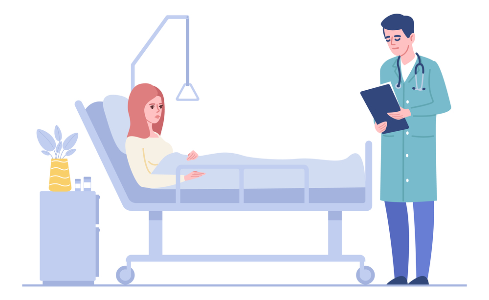 Woman laying in hospital bed and talking to doctor. Patient consultation. Vector illustration. Woman laying in hospital bed and talking to doctor. Patient consultation