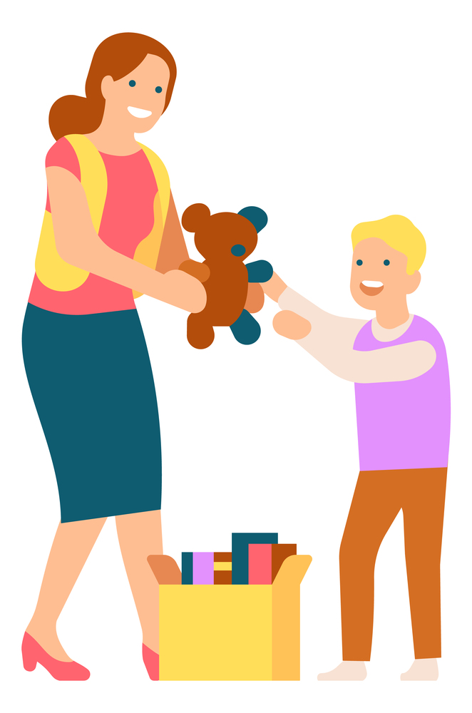 Woman giving toy to child. Person sharing books for charity. Vector illustration. Woman giving toy to child. Person sharing books for charity