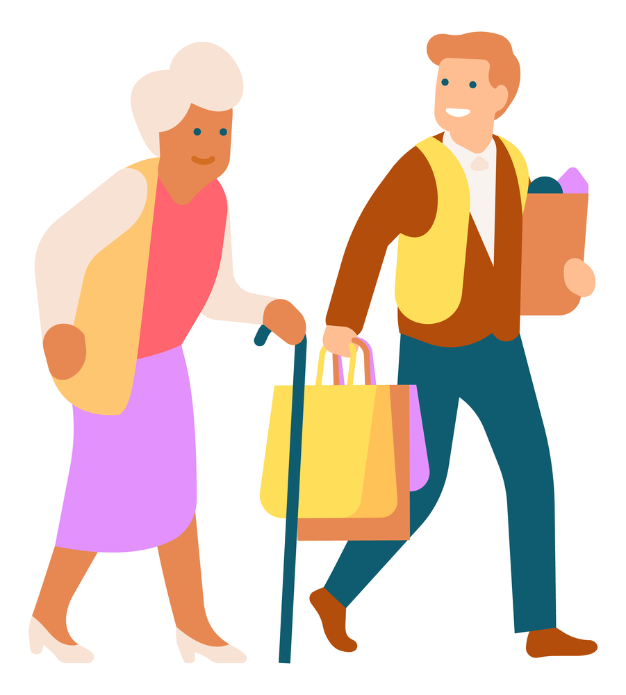 Man carrying grocery bags for old woman. Guy helping senior isolated on white background. Man carrying grocery bags for old woman. Guy helping senior