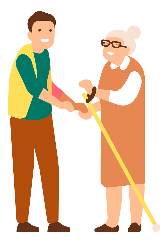 Volunteer helping old woman with walking stick. Social support for seniors. Vector illustration. Volunteer helping old woman with walking stick. Social support for seniors