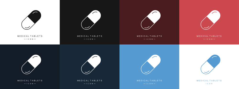 Medical pills or capsules icons set. Medicine for the treatment. Vitamin, antibiotic, or pain reliever. Vector. Medical pills or capsules icons set. Medicine for the treatment. Vitamin, antibiotic, or pain reliever. Vector illustration