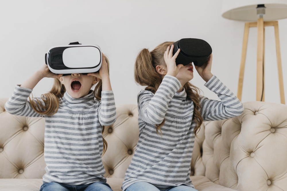 twins using virtual reality headset front view
