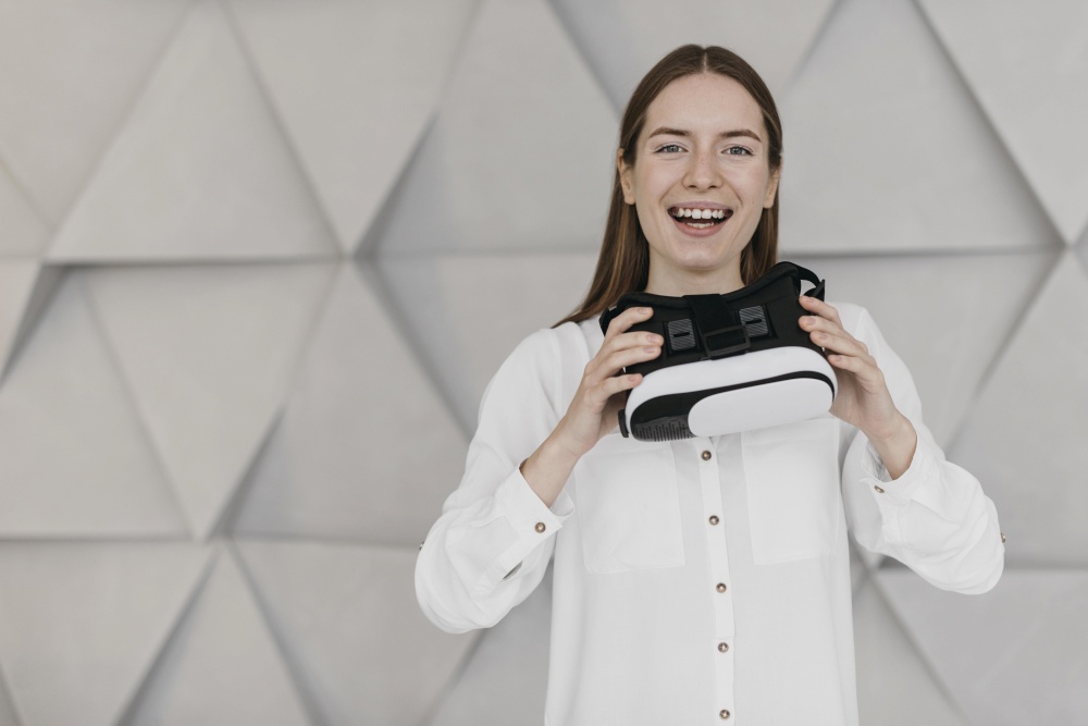 woman using virtual reality headset front view