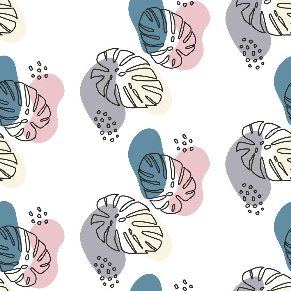 Black outlines of monstera leaves with pastel blue, pink and gray spots seamless pattern. Pattern with Doodle leaves spots for textile design, wallpaper, background. . Pattern with Doodle leaves spots