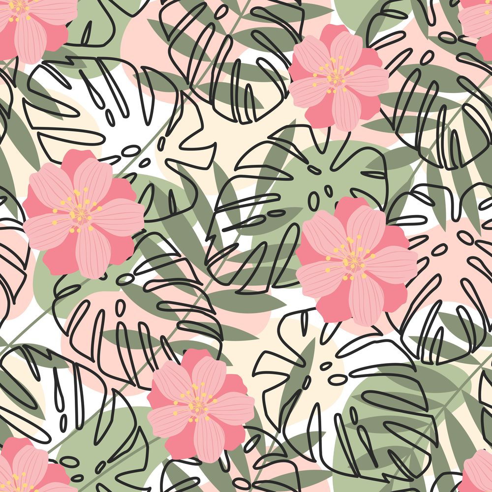 Seamless pattern of green leaves, pink flowers and contours of palm leaves on an abstract background of colored spots. Natural landscape banner. Nature freshness concept. Spring background.. pattern of green leaves, pink flowers