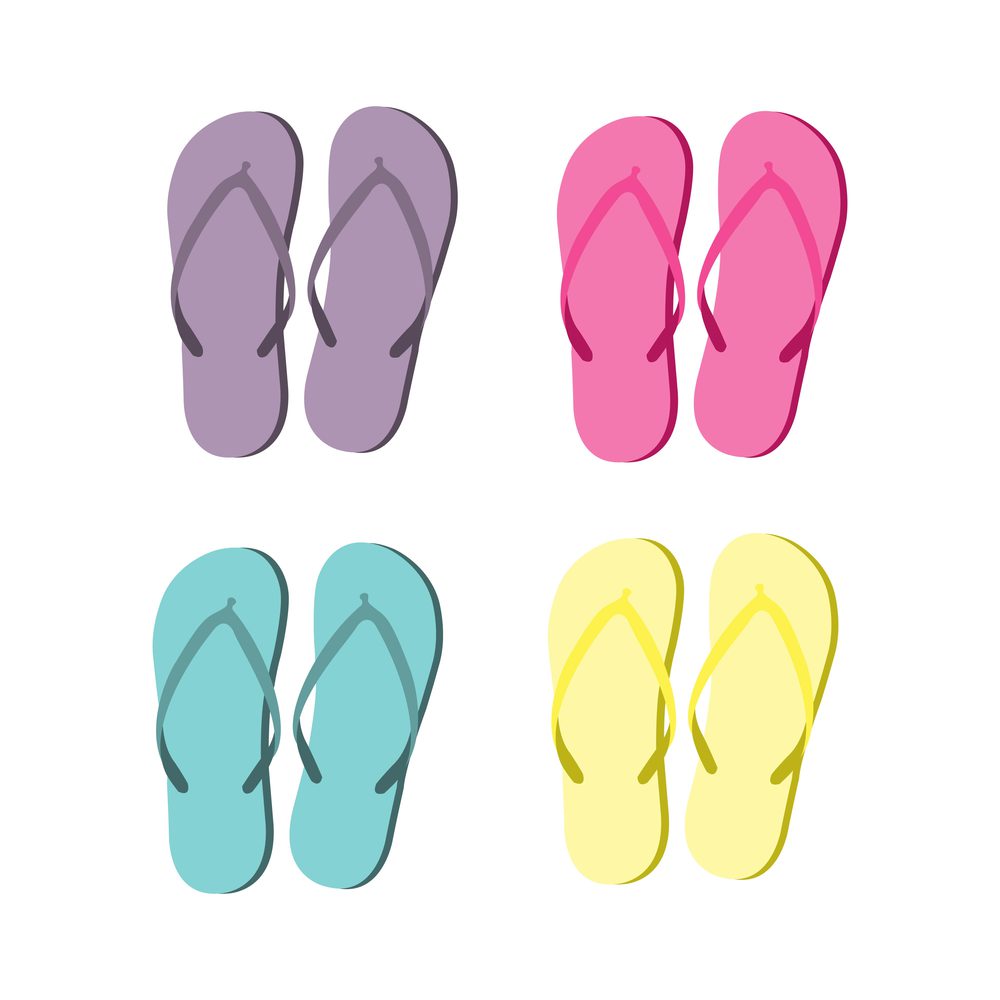 Flat illustration with yellow, pink, green and purple flip flops set on white background. Summer style. Vector pattern. Top view.. flip flops set on white background