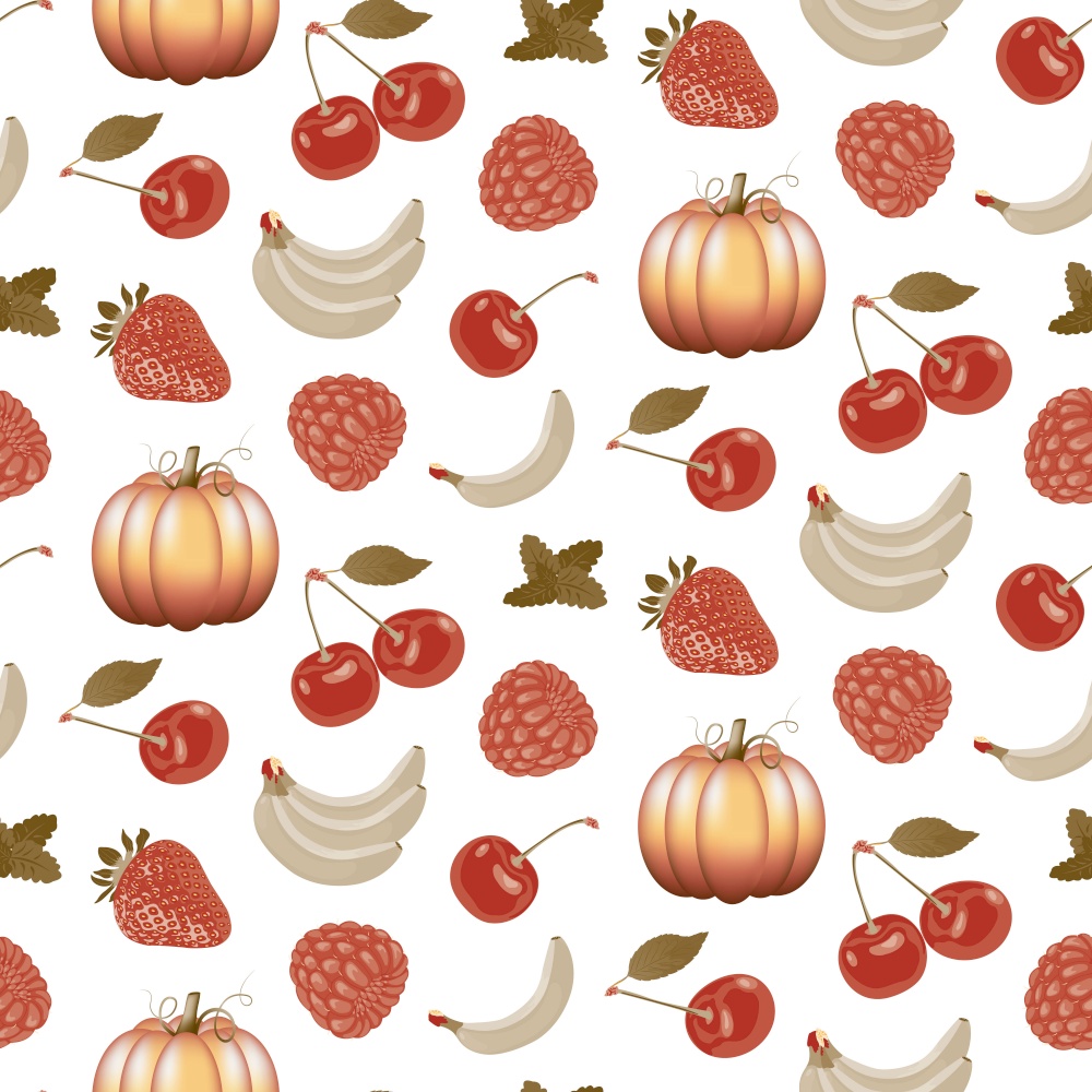 Autumn background with fruits and pumpkin on a white background. Natural seasonal fruits and vegetables seamless pattern. Vector pattern for textiles, wallpapers and wrapping paper.. Autumn background with fruits and pumpkin