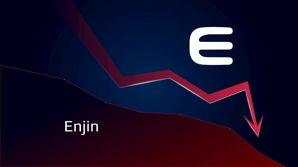 Enjin ENJ in downtrend and price falls down. Cryptocurrency coin symbol and red down arrow. Crushed and fell down. Cryptocurrency trading crisis and crash. Vector illustration.. Enjin ENJ in downtrend and price falls down. Cryptocurrency coin symbol and red down arrow. Crushed and fell down. Cryptocurrency trading crisis and crash.