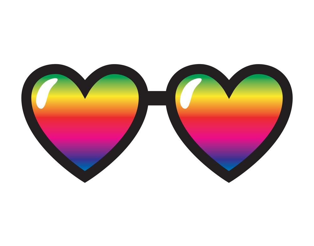 Rainbow heart shape sunglasses isolated icon on white background. Homosexuality, equality, diversity, pride, freedom concept. LGBT vector illustration. Isolated icon.