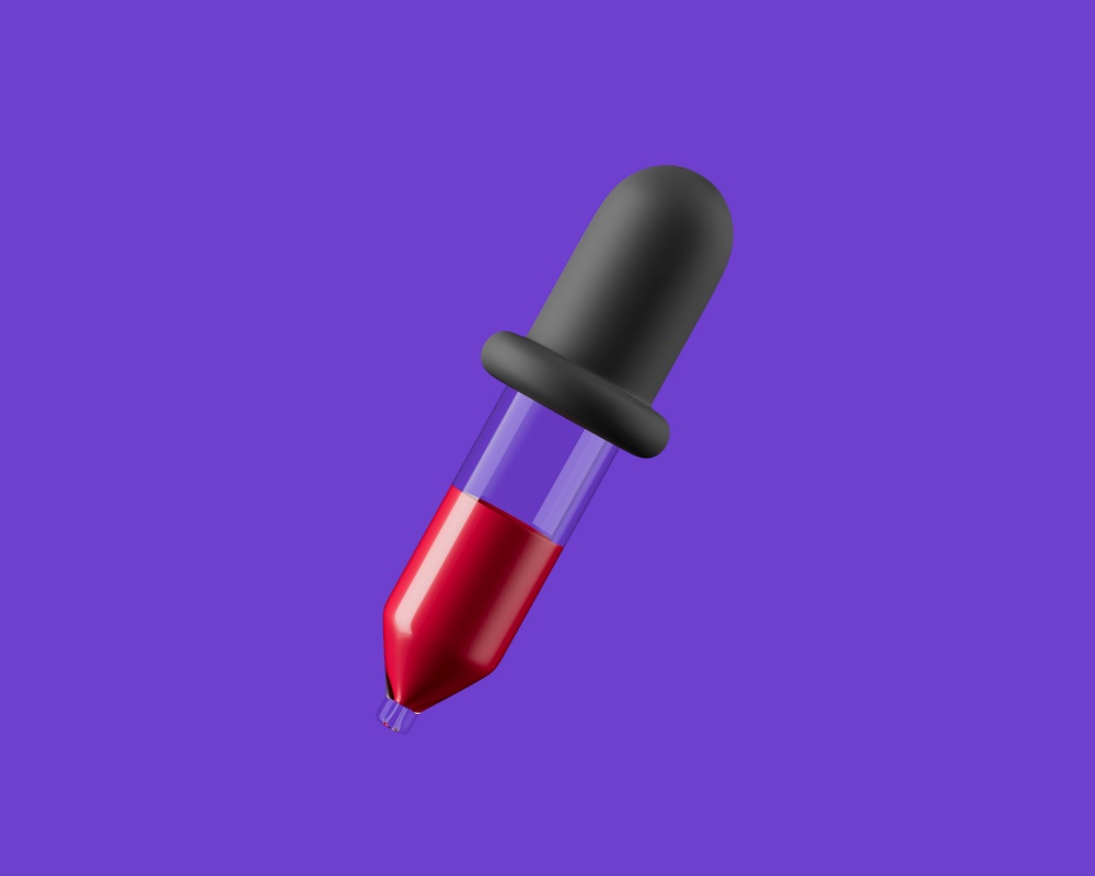 Simple filled glass pippette tool with red paint 3d render illustration. Isolated object on background. Simple filled glass pippette tool with red paint 3d render illustration