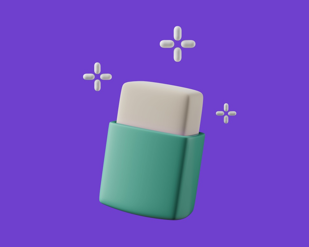 Simple eraser tool with magic stars 3d render illustration. Isolated object on violet background.. Simple eraser tool with magic stars 3d render illustration.