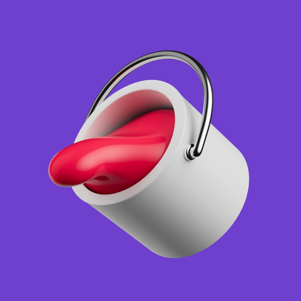 Simple paint bucket tool with red spill paint 3d render illustration. Isolated object on background. Simple paint bucket tool with red spill paint 3d render illustration.