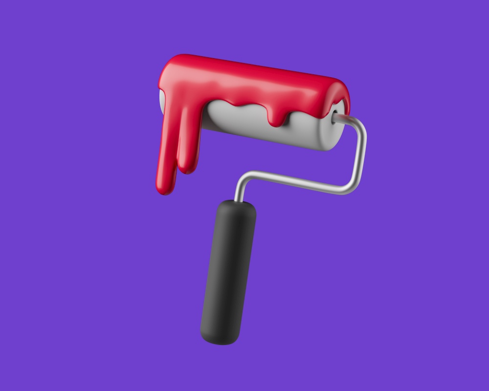 Simple paint roller with dripping red paint 3d render illustration. Isolated object on violet background.. Simple paint roller with dripping red paint 3d render illustration.