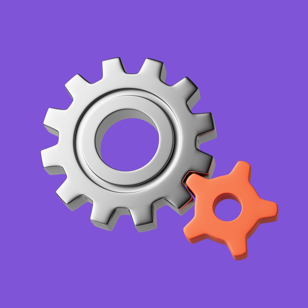 Simple metal gearwheels like settings 3D render illustration. Isolated object on violet background.. Simple metal gearwheels like settings 3D render illustration.