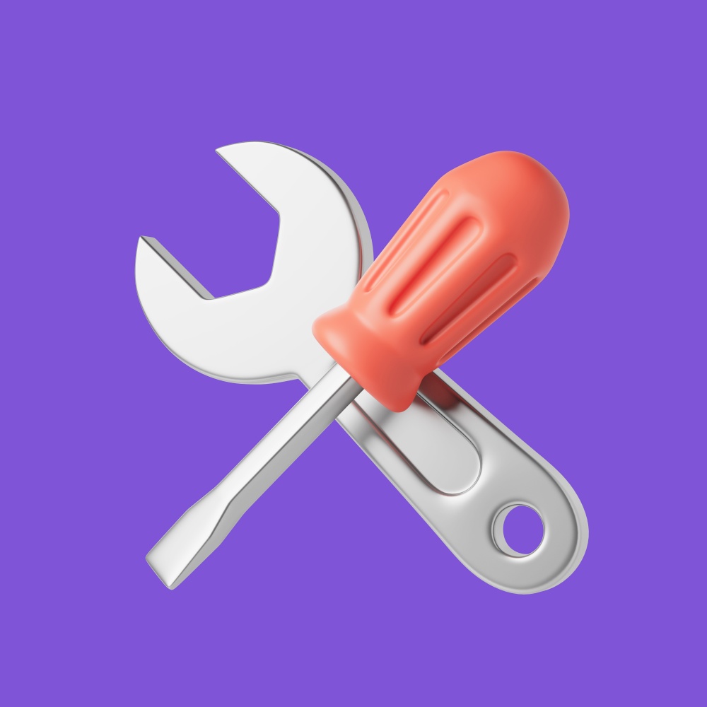 Simple repair icon with wrench and turn-screw 3D render illustration. Isolated object on violet background.. Simple repair icon with wrench and turn-screw 3D render illustration.