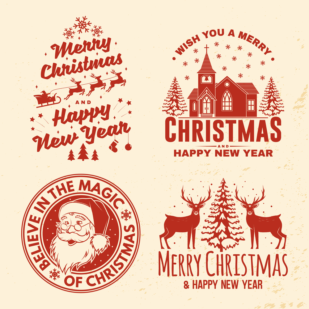 Set of Merry Christmas and Happy New Year stamp, sticker with elk, silhouette of Santa Claus face, Catholic Church, christmas tree, sleigh with deer. Vector. Vintage design for xmas, new year emblem. Set of Merry Christmas and Happy New Year stamp, sticker with elk, silhouette of Santa Claus face, Catholic Church, christmas tree, sleigh with deer. Vector. Vintage design for xmas, new year emblem.