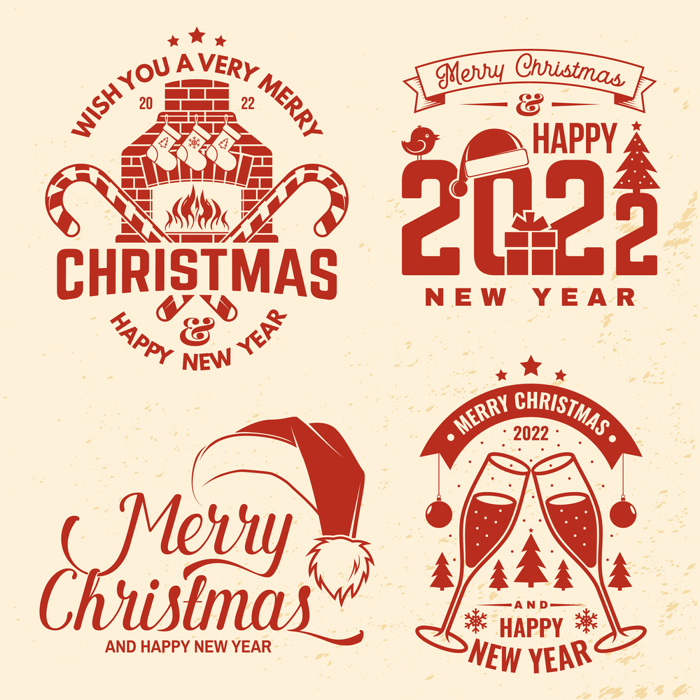 Set of Merry Christmas and Happy New Year stamp, sticker with glasses of champagne, fireplace with Christmas socks, christmas candy. Vector. Vintage design for xmas, new year emblem. Set of Merry Christmas and Happy New Year stamp, sticker with glasses of champagne, fireplace with Christmas socks, christmas candy. Vector. Vintage design for xmas, new year emblem.
