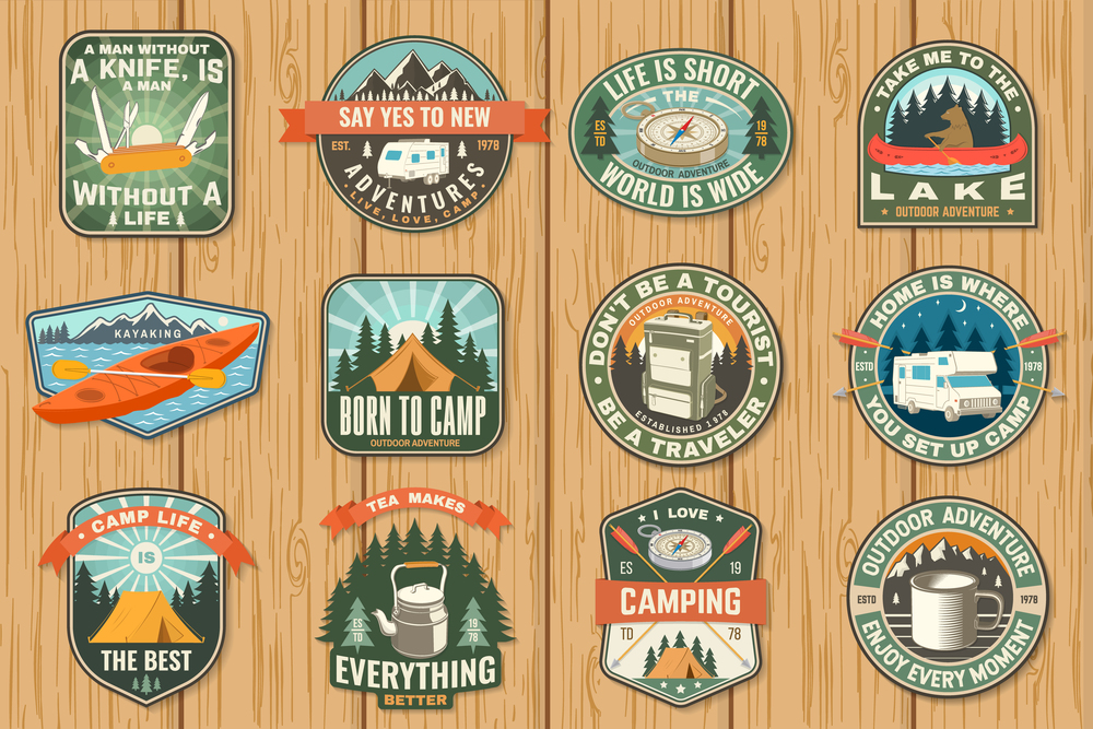 Set of travel inspirational quotes. Vector Concept for shirt or logo, print, stamp or tee. Vintage design with retro camping tea kettle, kayak, compass, primus, campfire silhouette. Camping quote. Set of travel inspirational quotes. Vector Concept for shirt or logo, print, stamp or tee. Vintage design with retro camping tea kettle, kayak, compass, primus, campfire silhouette. Camping quote.