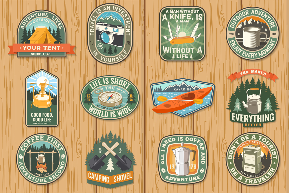 Summer camp with design elements. Vector illustration. Camping and outdoor adventure emblems. Typography design with retro camping tea kettle, pocket knife, camping tent, mug and forest silhouette. Summer camp with design elements. Vector illustration. Camping and outdoor adventure emblems. Typography design with retro camping tea kettle, pocket knife, camping tent, mug and forest silhouette.