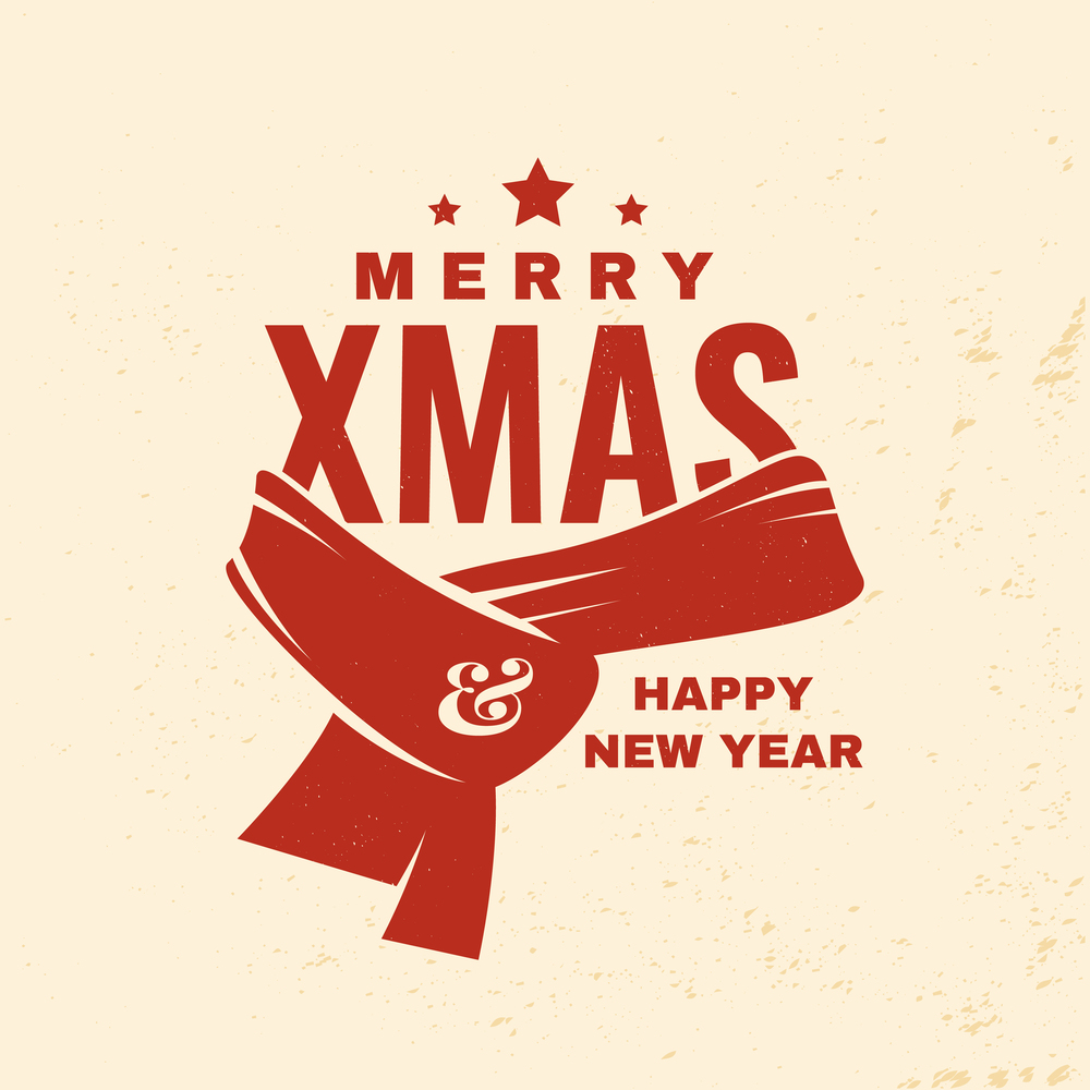 Merry Christmas and Happy New Year stamp, sticker with Santa Claus winter scarf. Vector Vintage typography design for xmas, new year 2022 emblem in retro style. Santa Claus red scarf. Merry Christmas and Happy New Year stamp, sticker with Santa Claus winter scarf. Vector Vintage typography design for xmas, new year 2022 emblem in retro style. Santa Claus red scarf.