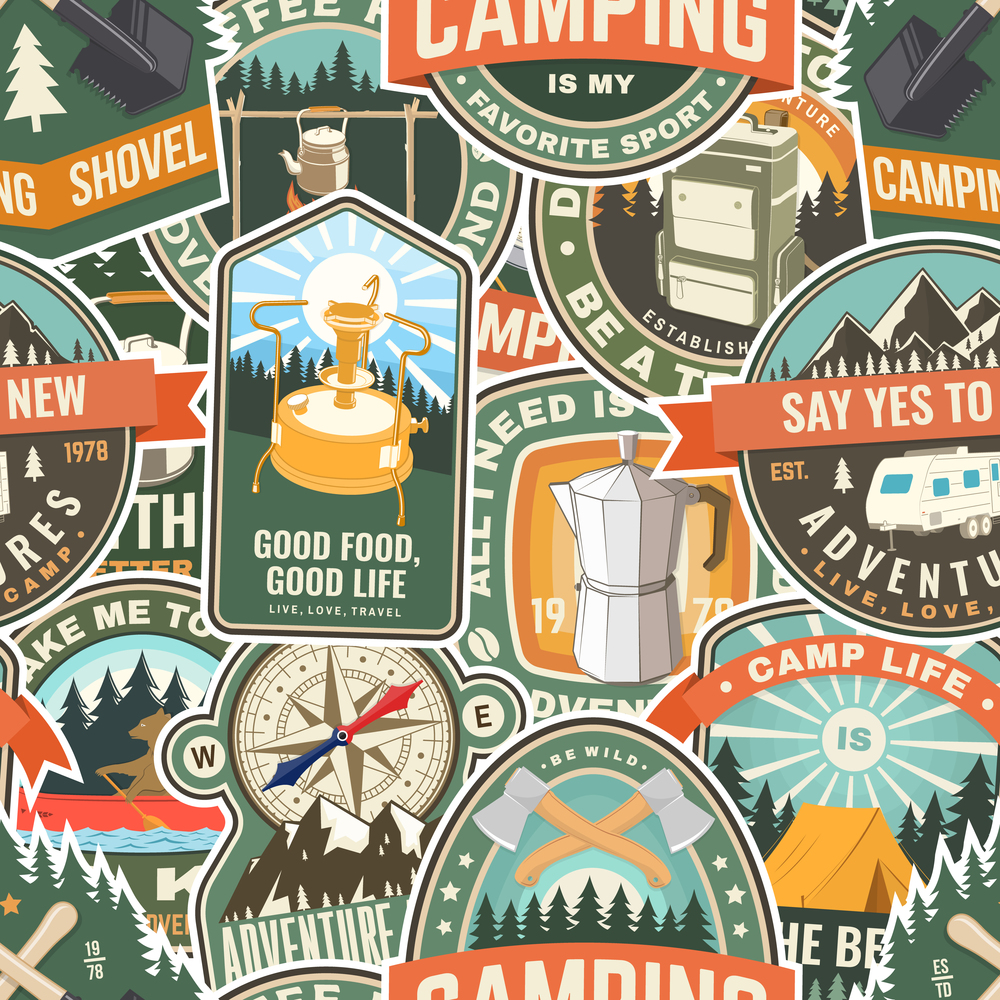 Summer camp colorful seamless pattern with travel inspirational quotes. Vector illustration. Background, wallpaper, pattern with retro camping tea kettle, primus, compass, backpack , campfire, tent. Summer camp colorful seamless pattern with travel inspirational quotes. Vector illustration. Background, wallpaper, pattern with retro camping tea kettle, primus, compass, backpack , campfire, tent.