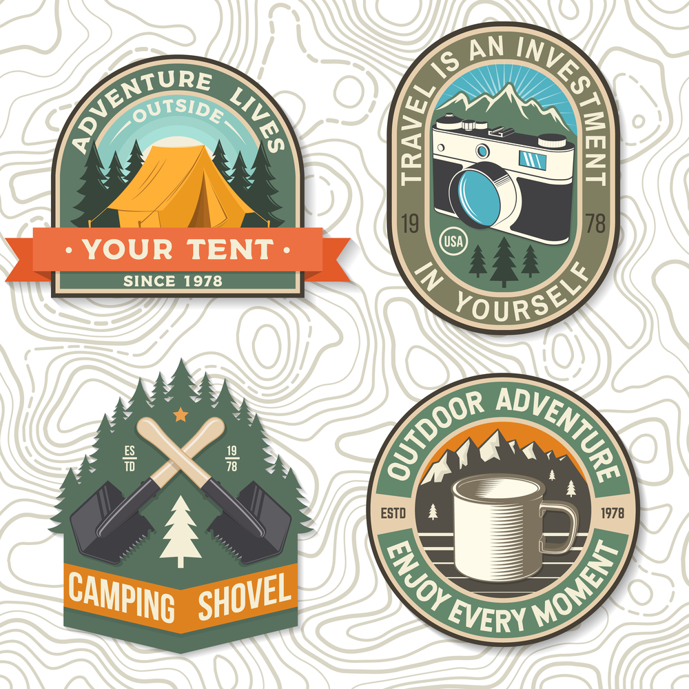 Set of travel inspirational quotes Vector patch or sticker. Concept for shirt or logo, print, stamp. Design with retro photo camera, camping mug, tent, shovel and mountain silhouette Camping quote. Set of travel inspirational quotes Vector patch or sticker. Concept for shirt or logo, print, stamp. Design with retro photo camera, camping mug, tent, shovel and mountain silhouette Camping quote.