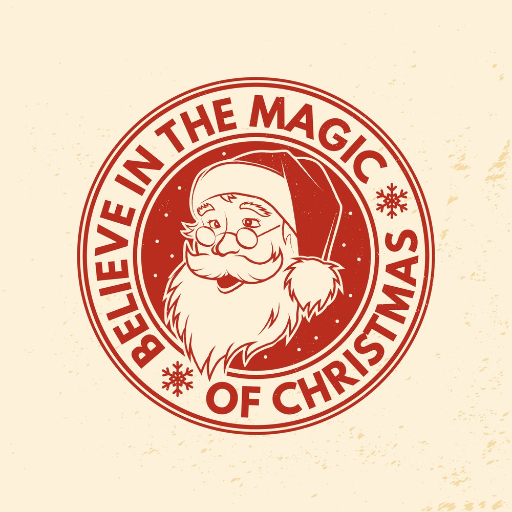 Believe in the magic of Christmas stamp, sticker with snowflakes silhouette of Santa Claus face. Vector Vintage typography design for xmas, new year 2022 emblem in retro style. Portrait of Santa Claus. Believe in the magic of Christmas stamp, sticker with snowflakes silhouette of Santa Claus face. Vector Vintage typography design for xmas, new year 2022 emblem in retro style. Portrait of Santa Claus.