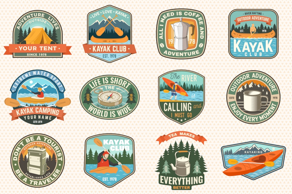 Set of summer camp, canoe and kayak club badges. Vector. Concept for patch, stamp. Retro design with camping, mountain, river, american indian and kayaker silhouette. Extreme water sport kayak patches. Set of summer camp, canoe and kayak club badges. Vector. Concept for patch. Retro design with camping, mountain, river, american indian and kayaker silhouette. Extreme water sport kayak patches